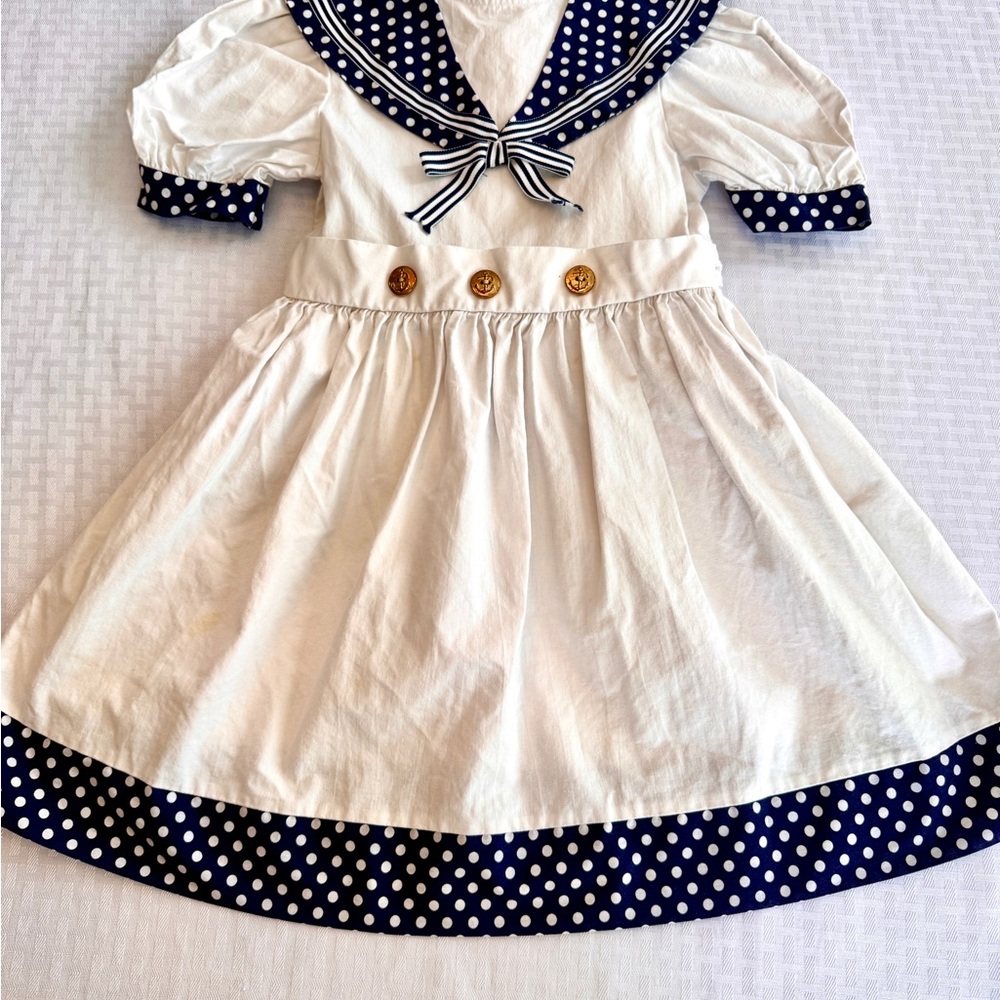 Allison Ann Vintage Sailor Dress Girls 6Y White‎ Navy Polka Dot Anchor Buttons